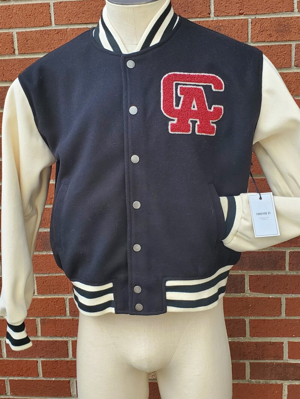 Forever 21 Premium Label  Black and Cream Varsity Jacket with Red Accent. New!